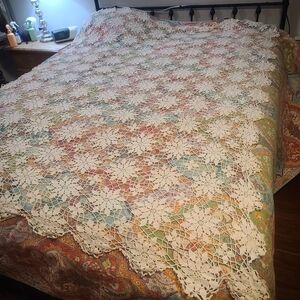 Vintage Handmade Crocheted Large Tablecloth Or Coverlet Off White 60in By 80